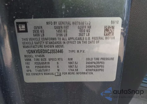 2012 Chevrolet Traverse 1Lt from USA, damaged, VIN 1GNKVGEDXCJ353446